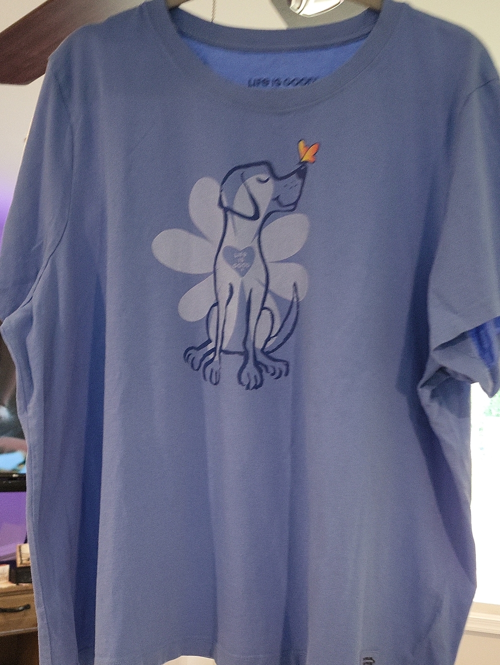 Life Is Good Blue Tee with Dog & Butterfly Graphic
